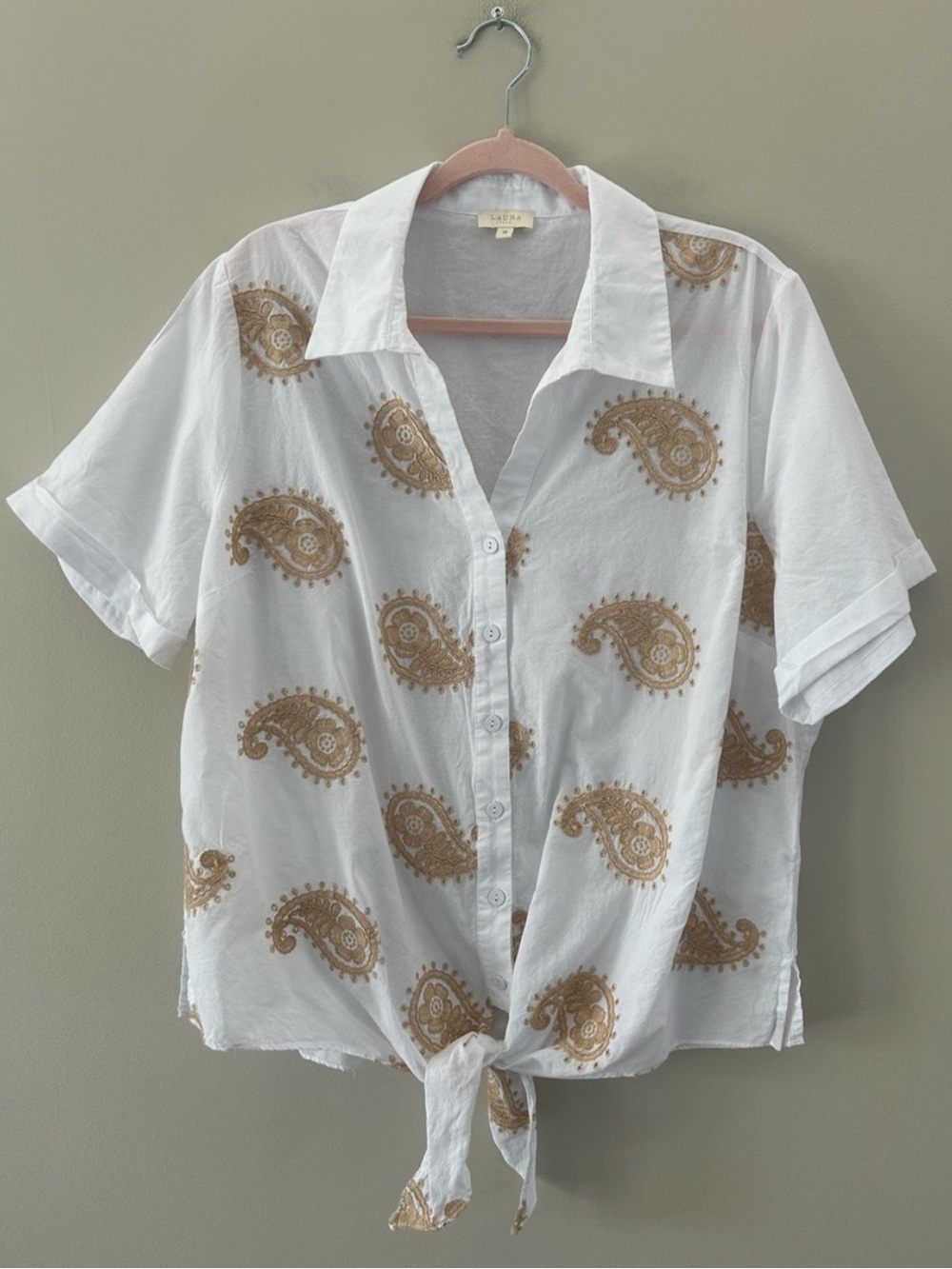 Laura White Cotton Paisley Embroidered Tie-Front Button Up Top - Picture 3 of 7
